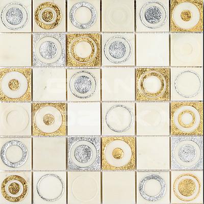 Мозаика из натурального камня, серия Equilibrio , размер чипа: 48x48, цвет: белый, золотой, серебряный